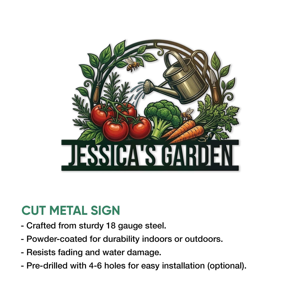 Garden metal sign feature graphic showing a vegetable harvest design with watering can, produce, and outdoor use details