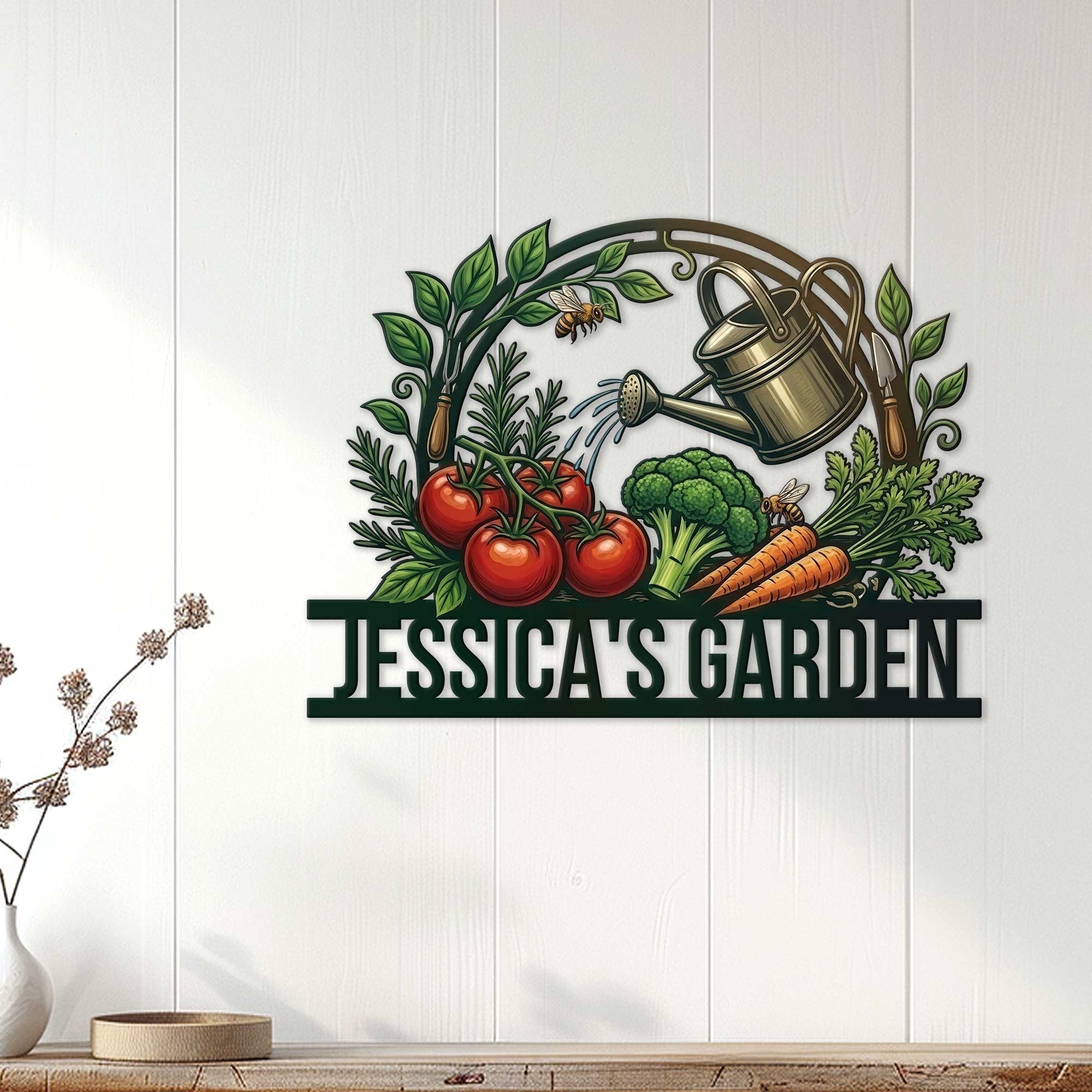 Garden metal sign displayed on a white wood wall, featuring colorful vegetables, leafy branches, bees, and a watering can