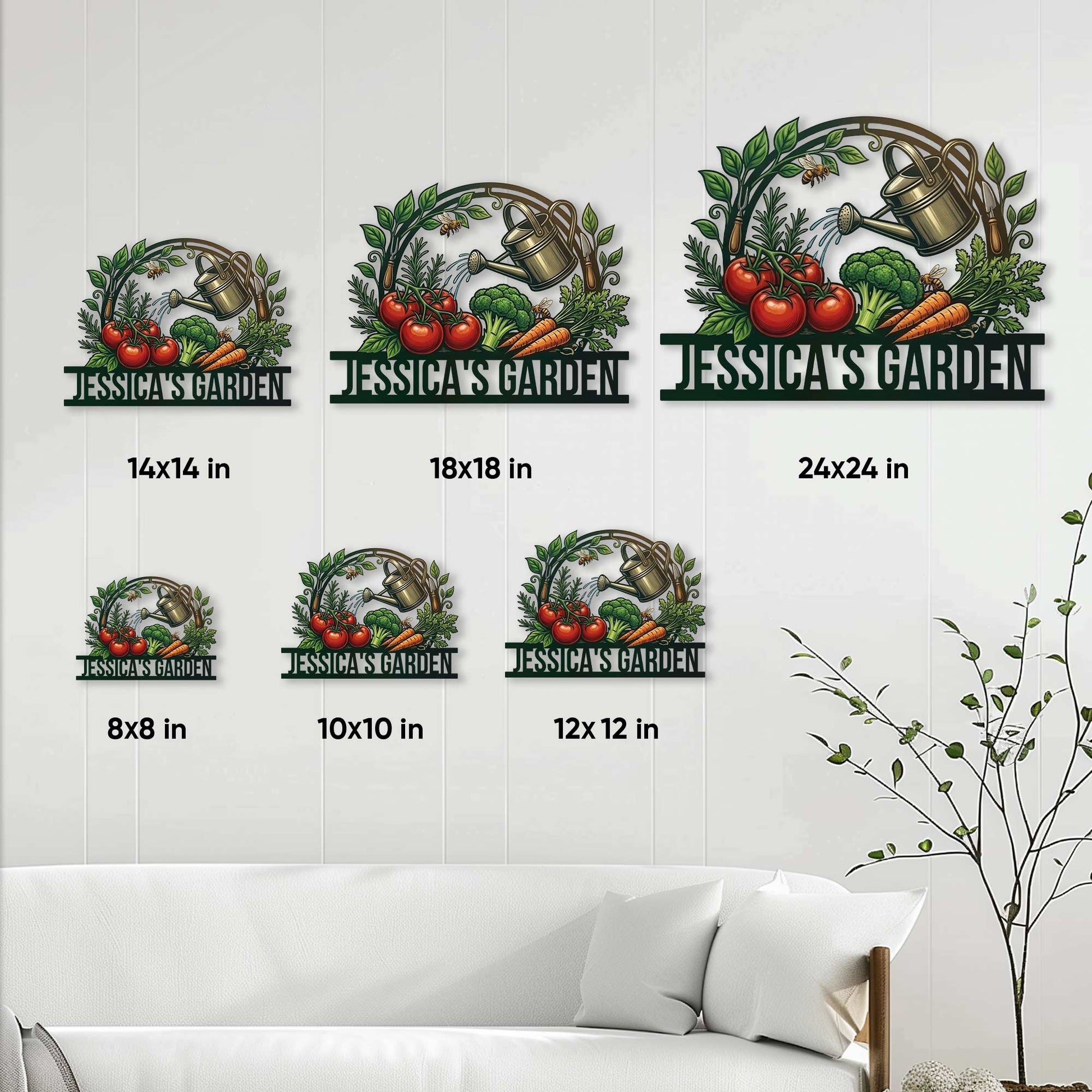 Garden metal sign size guide showing six square size options displayed on a bright wall