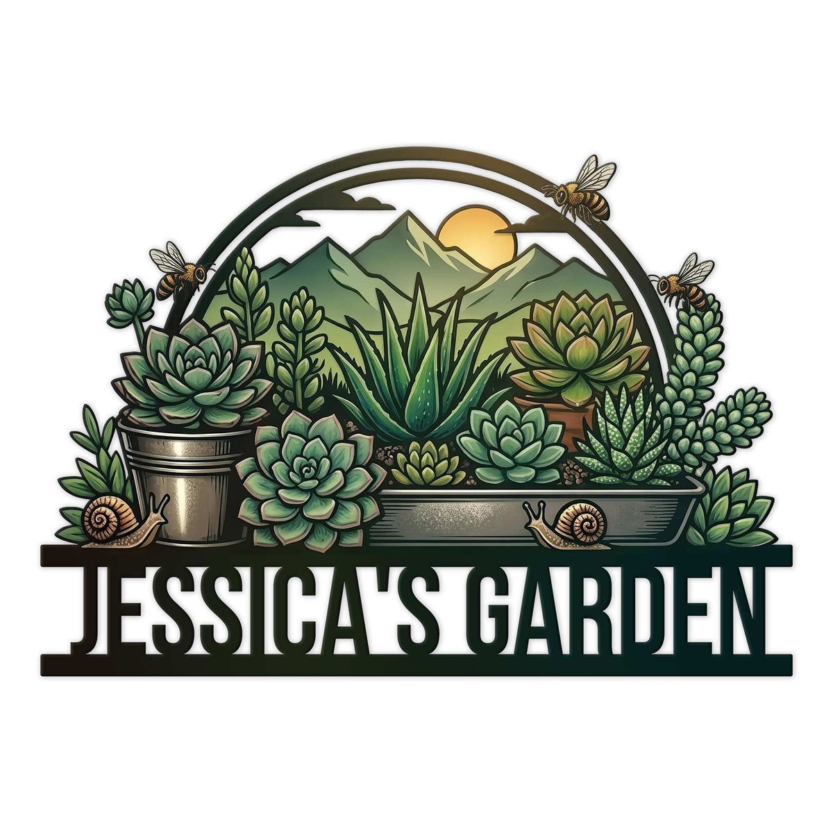 Custom succulent garden metal sign featuring potted succulents, mountain scenery, bees, and snails