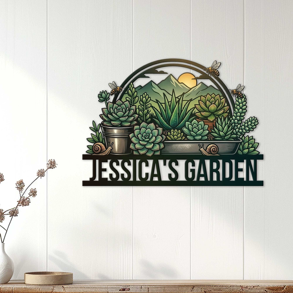 Succulent garden metal wall sign displayed on a white paneled wall in a bright home setting
