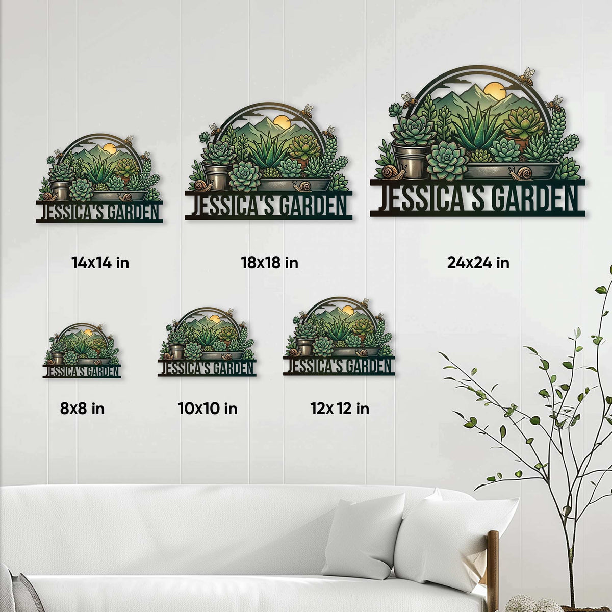 Succulent garden metal sign size guide showing multiple square size options in a home decor setting