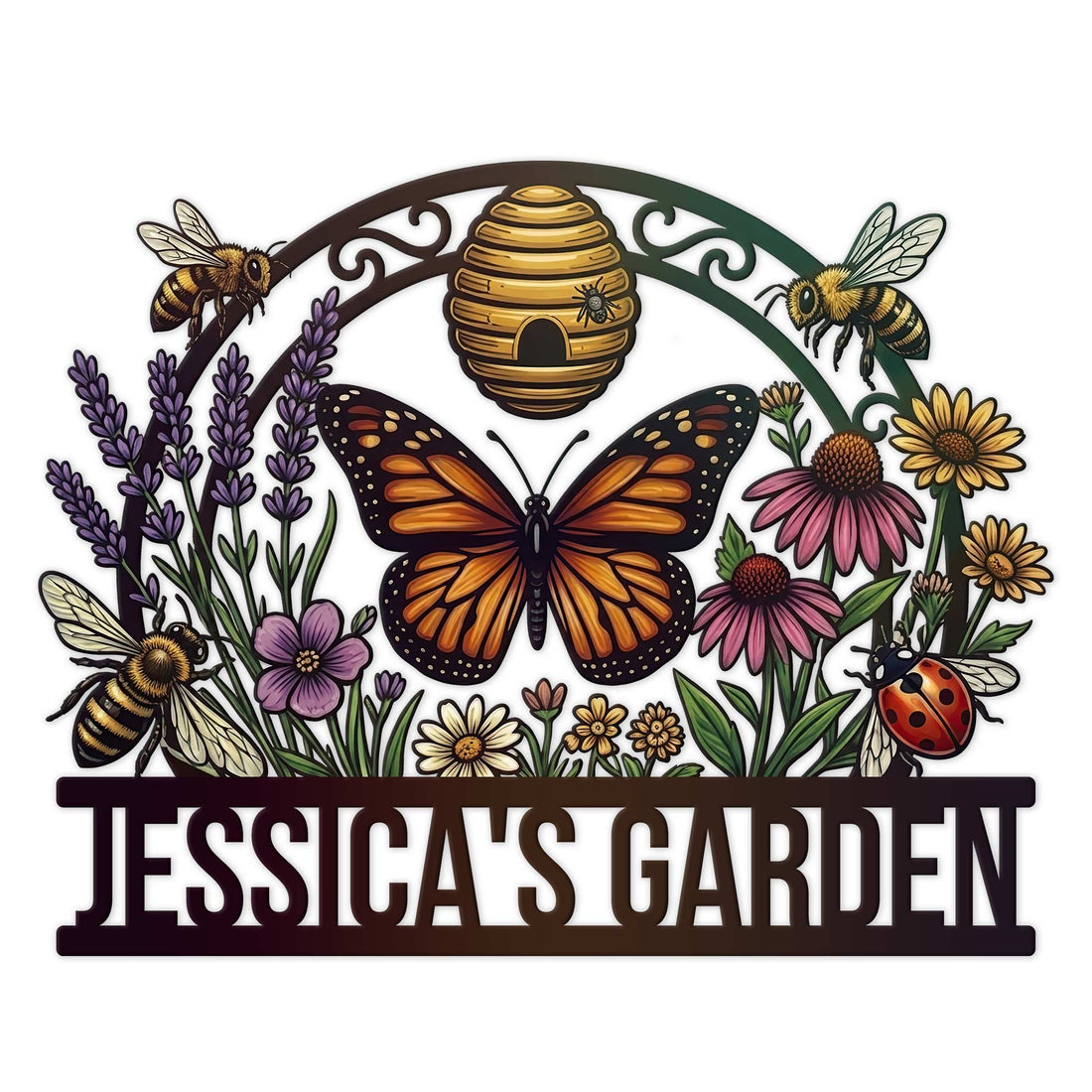 Custom garden metal sign featuring a monarch butterfly, bees, beehive, flowers, and pollinator garden artwork