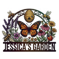 Custom garden metal sign featuring a monarch butterfly, bees, beehive, flowers, and pollinator garden artwork