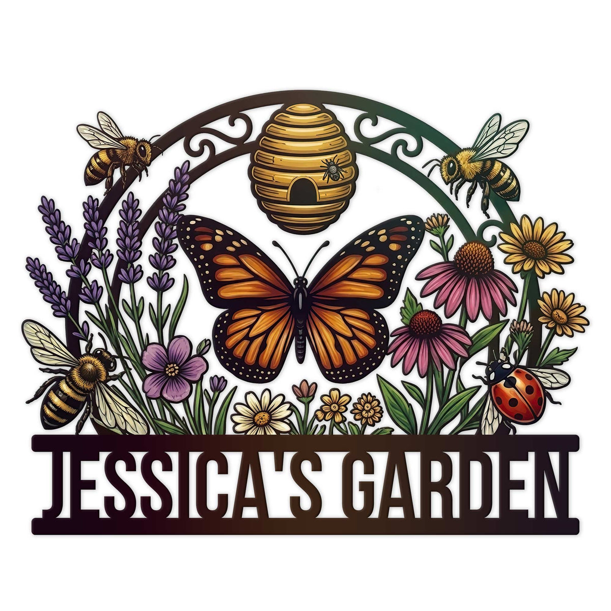 Custom garden metal sign featuring a monarch butterfly, bees, beehive, flowers, and pollinator garden artwork