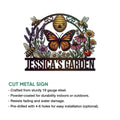 Garden metal sign product infographic showing the pollinator artwork with indoor and outdoor display details