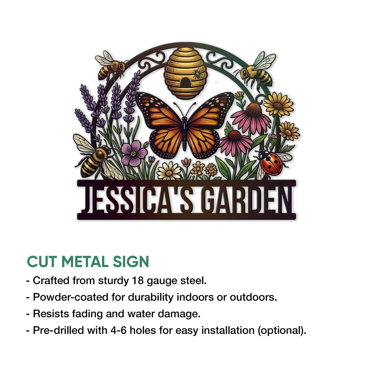 Garden metal sign product infographic showing the pollinator artwork with indoor and outdoor display details