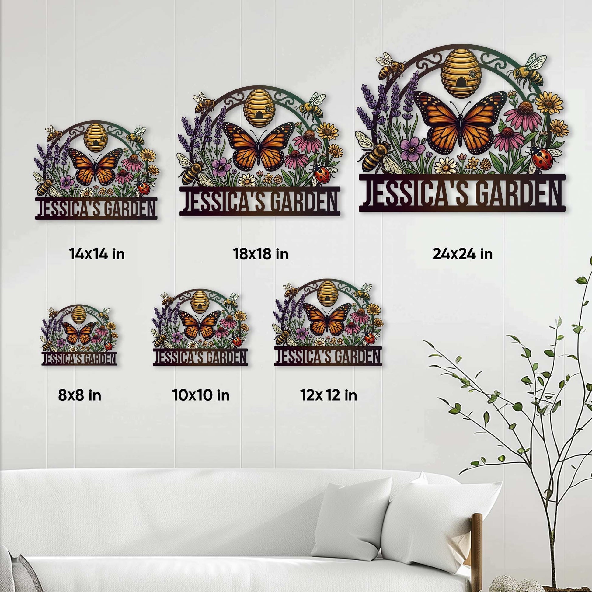 Garden metal sign size guide showing six square size options displayed on a bright paneled wall