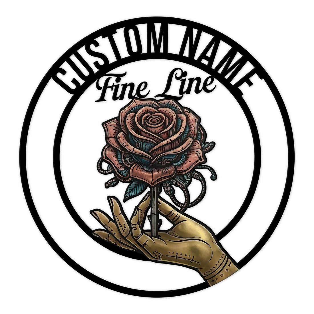 Tattoo artist metal sign featuring a detailed rose held in a tattooed hand with fine-line studio lettering