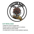 Cut metal tattoo artist sign shown with a rose and tattooed hand design alongside product feature details