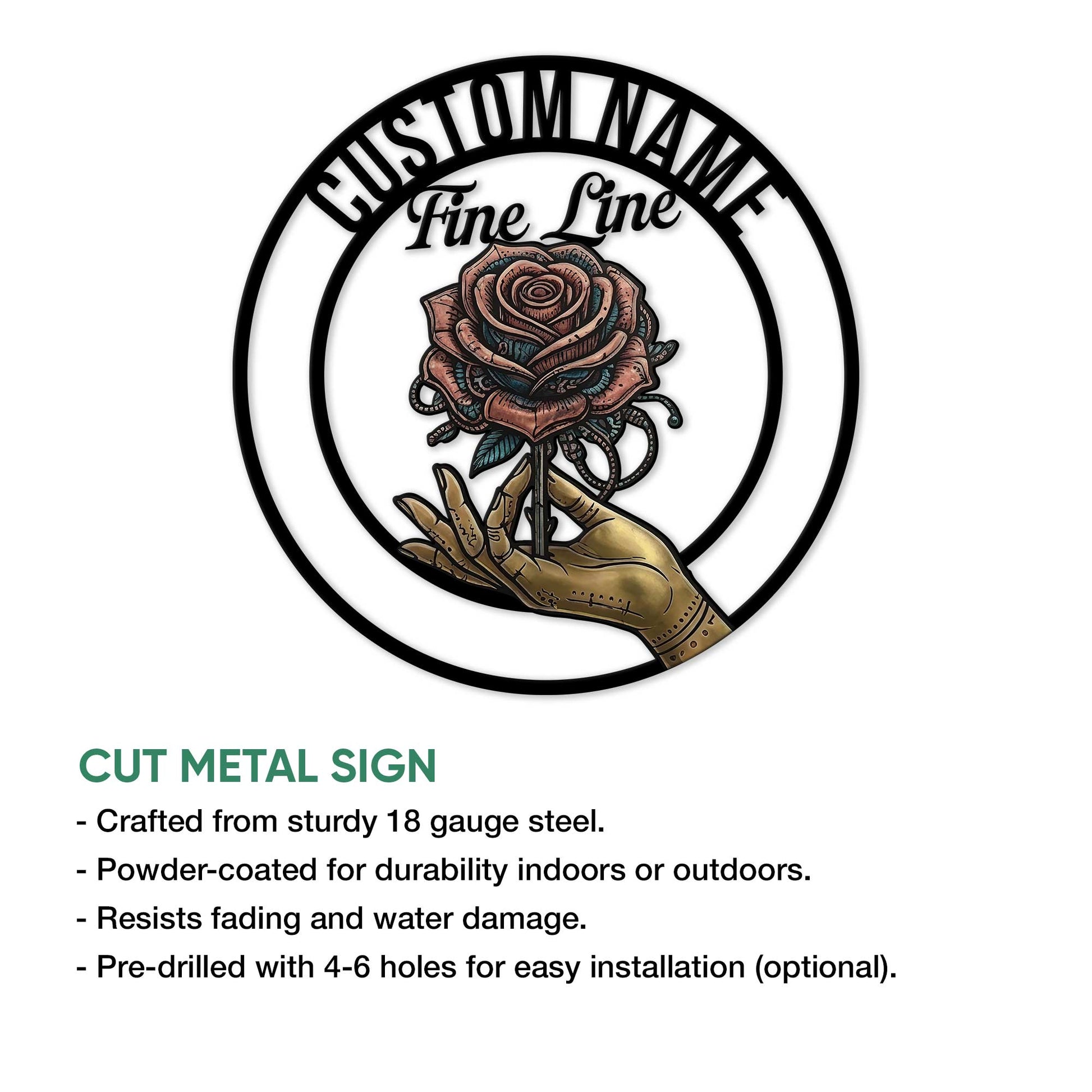 Cut metal tattoo artist sign shown with a rose and tattooed hand design alongside product feature details