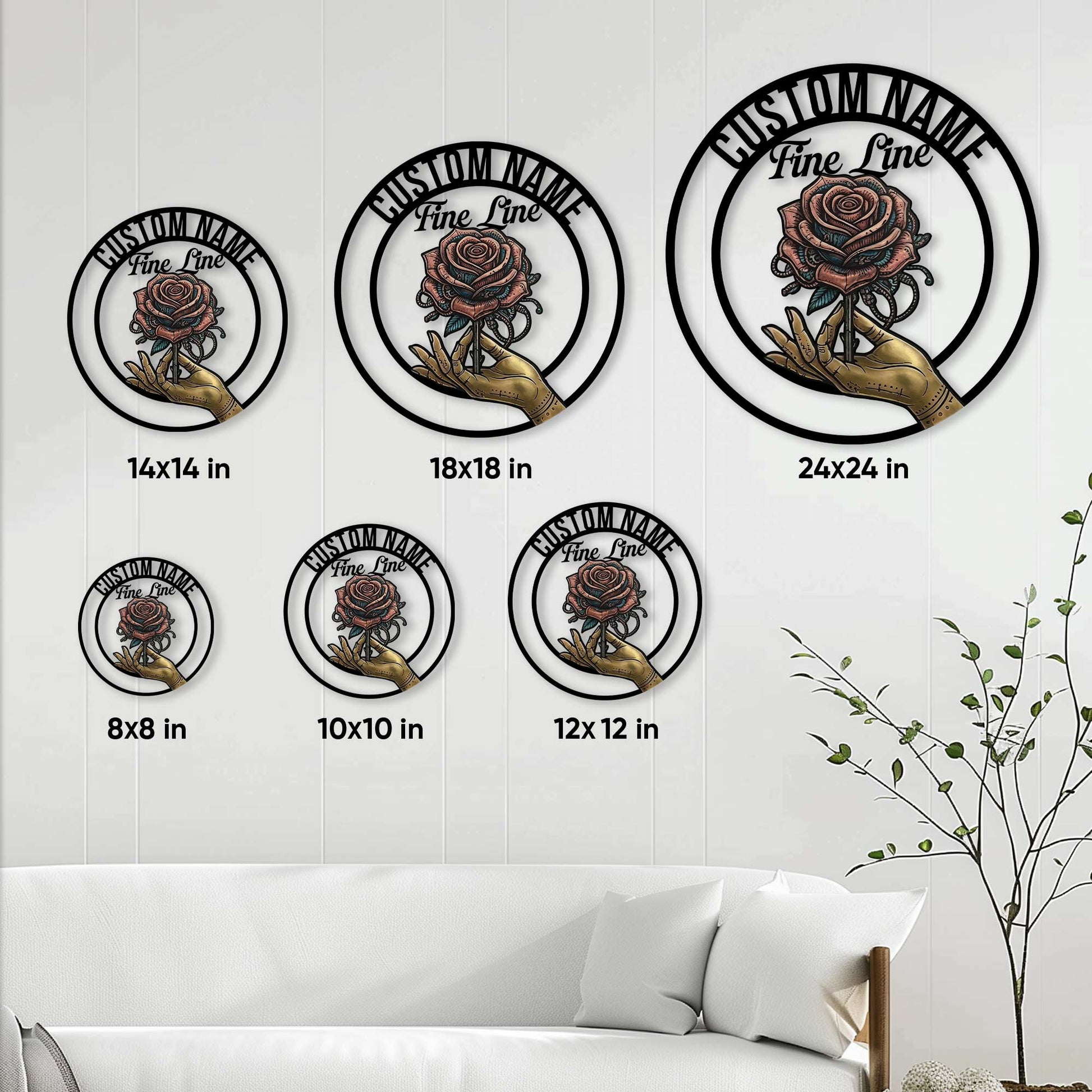 Tattoo artist metal sign size guide displaying multiple circular size options in a room setting