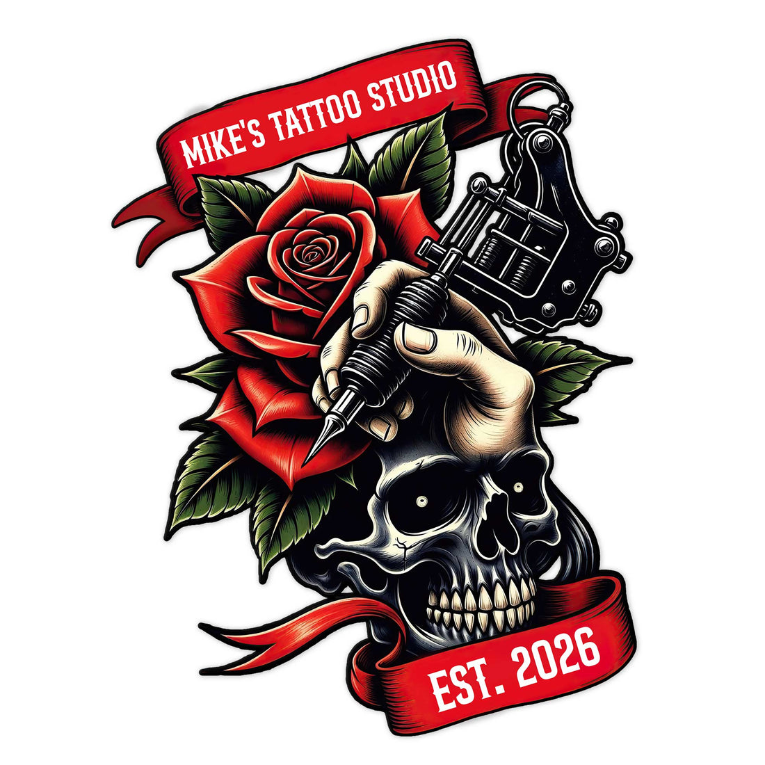 Tattoo artist metal sign featuring a skull, red rose, tattoo machine, and bold custom studio design