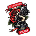 Tattoo artist metal sign featuring a skull, red rose, tattoo machine, and bold custom studio design