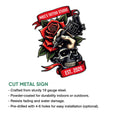 Tattoo artist cut metal sign infographic showing the skull, rose, tattoo machine design and display details