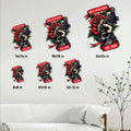 Tattoo artist metal sign size guide showing multiple square size options in a living room setting