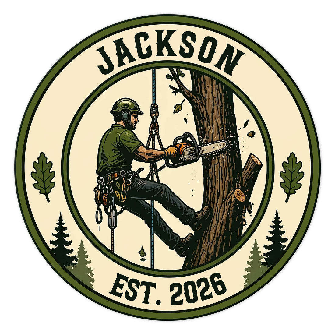 Round arborist metal sign showing a tree climber using a chainsaw beside a forest of evergreens