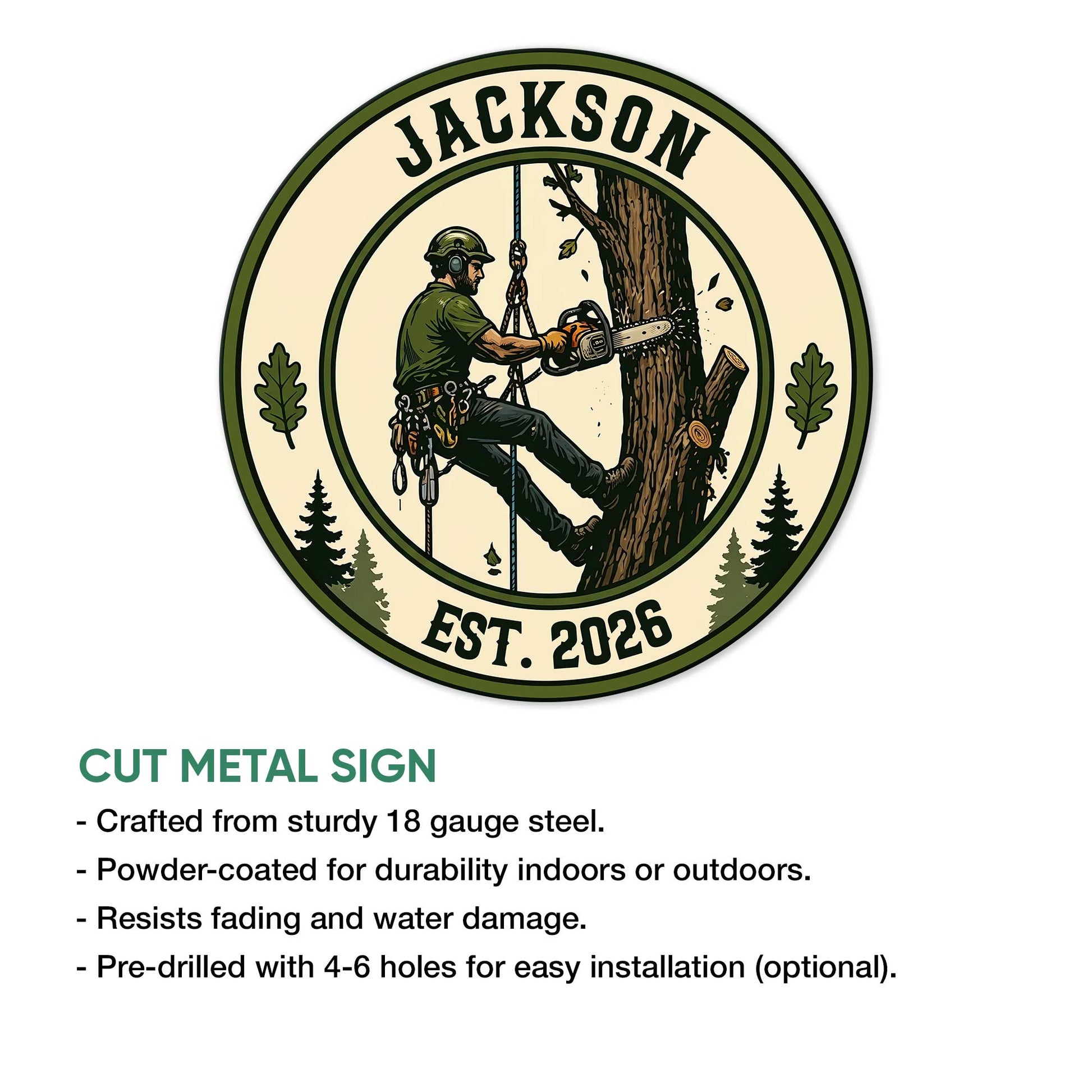 Arborist metal sign feature graphic showing the tree climber design and cut metal sign presentation