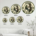 Arborist metal sign size guide showing multiple round size options displayed on a wall