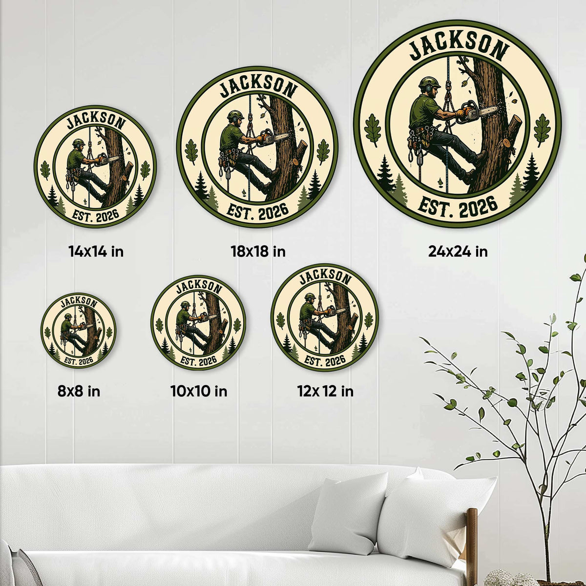 Arborist metal sign size guide showing multiple round size options displayed on a wall