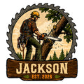 Arborist metal sign featuring a tree climber using a chainsaw beside a large forest tree