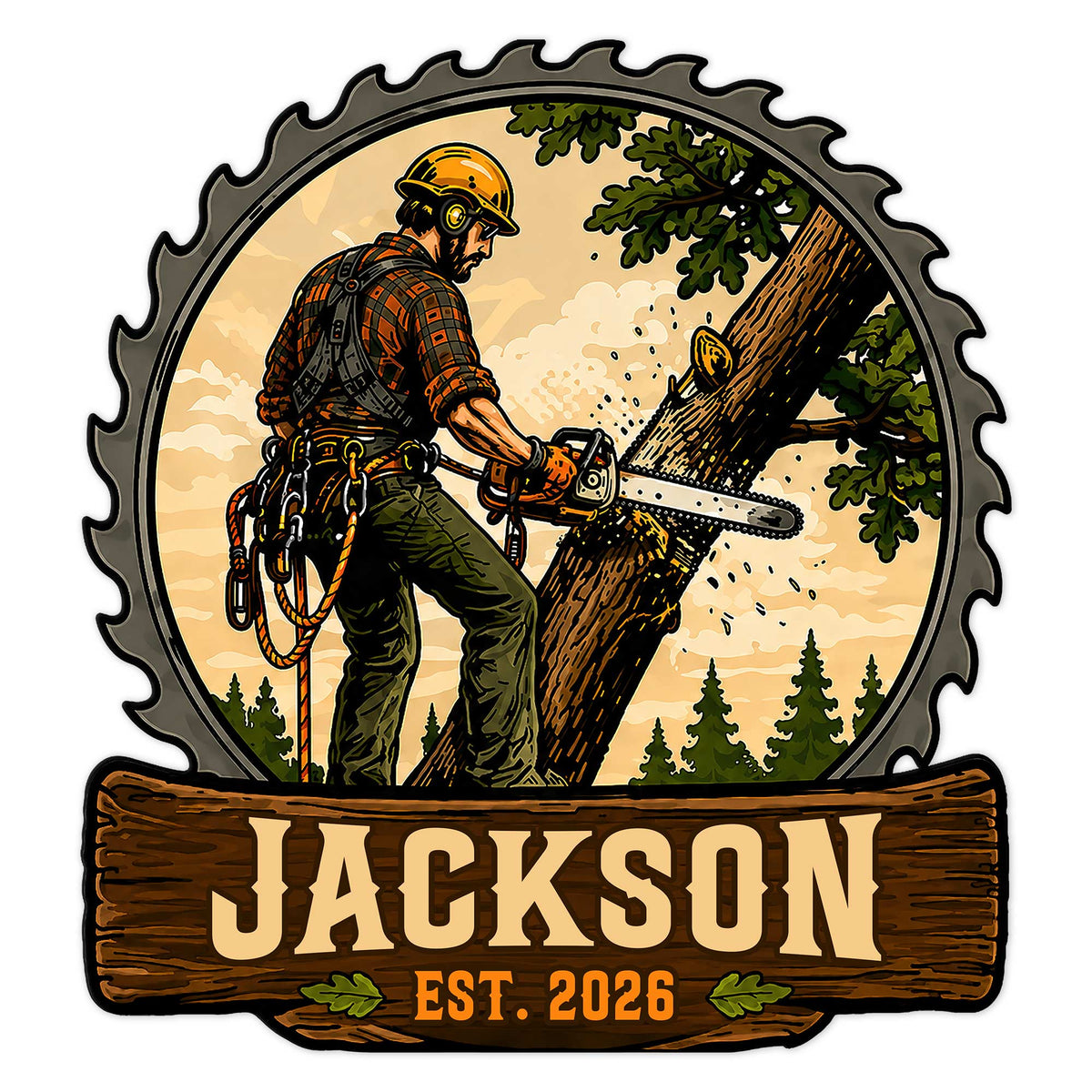 Arborist metal sign featuring a tree climber using a chainsaw beside a large forest tree