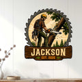 Arborist wall sign displayed on white paneling, featuring a tree climber and forest scene