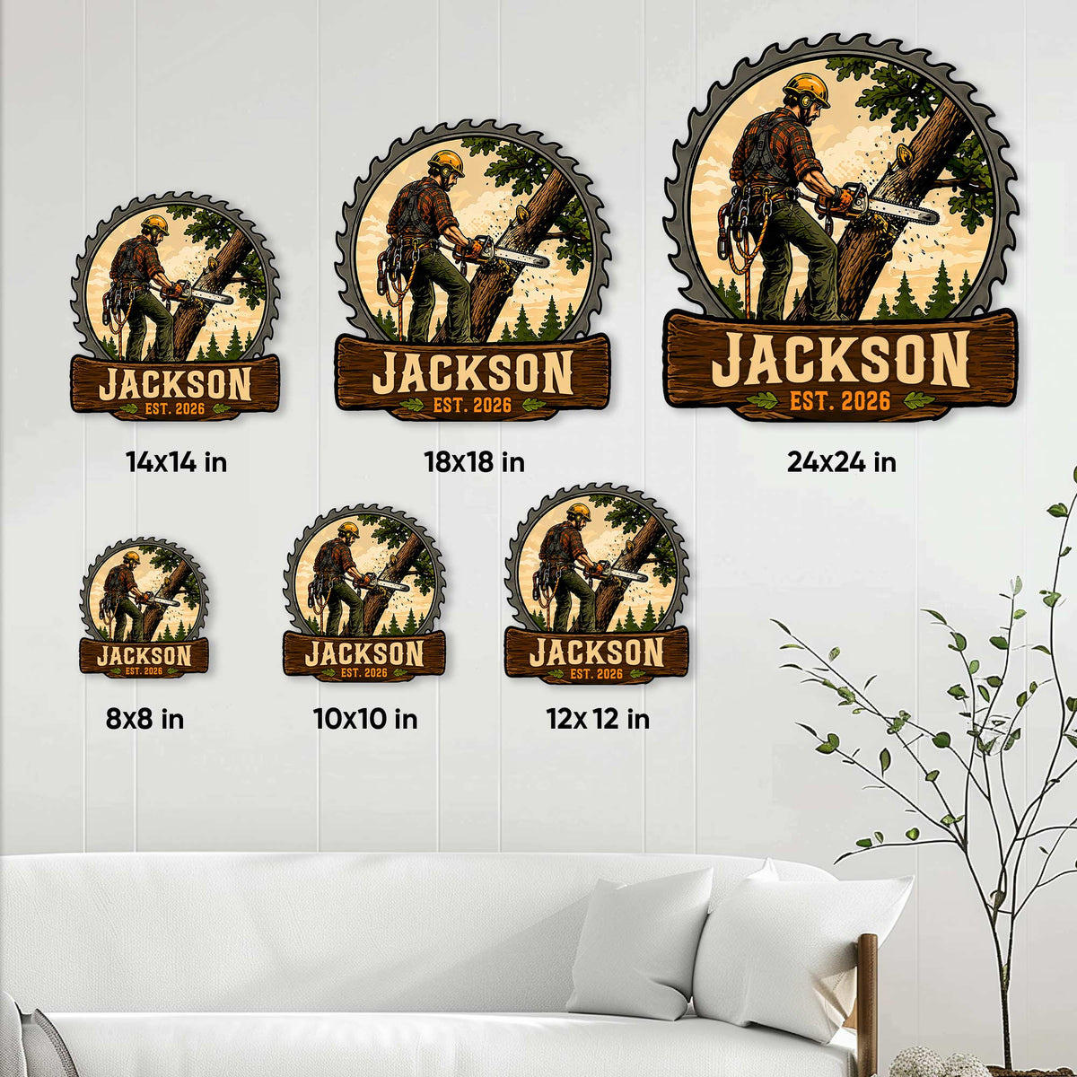 Arborist metal sign size guide showing the tree climber design in multiple square size options