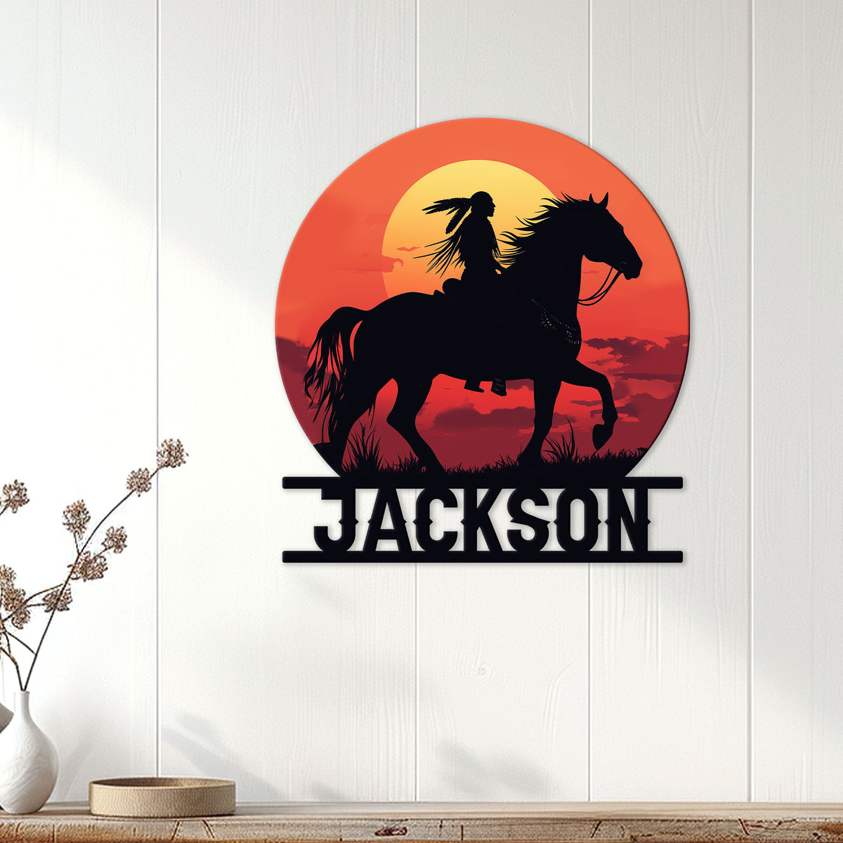 Native American horseback rider wall sign displayed as western-inspired home decor