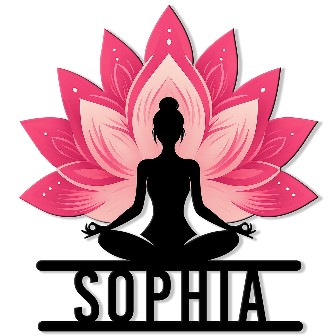 Pink lotus flower metal sign with a black meditating yoga silhouette for peaceful wellness decor