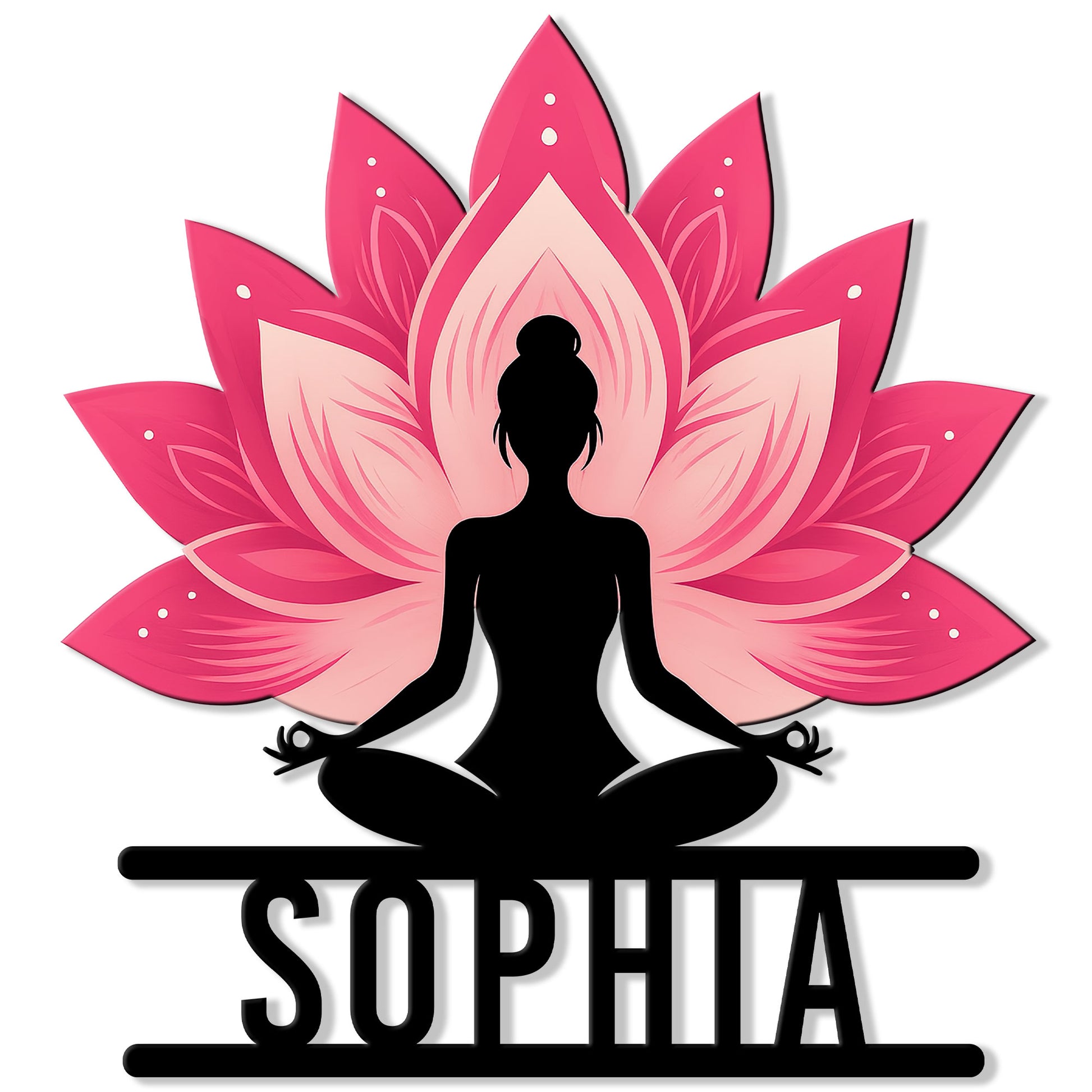 Pink lotus flower metal sign with a black meditating yoga silhouette for peaceful wellness decor
