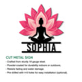 Lotus meditation yoga metal sign shown with cut steel sign features and hanging hole details