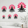Yoga lotus metal sign size guide showing available square sizes from 8 by 8 to 24 by 24 inches