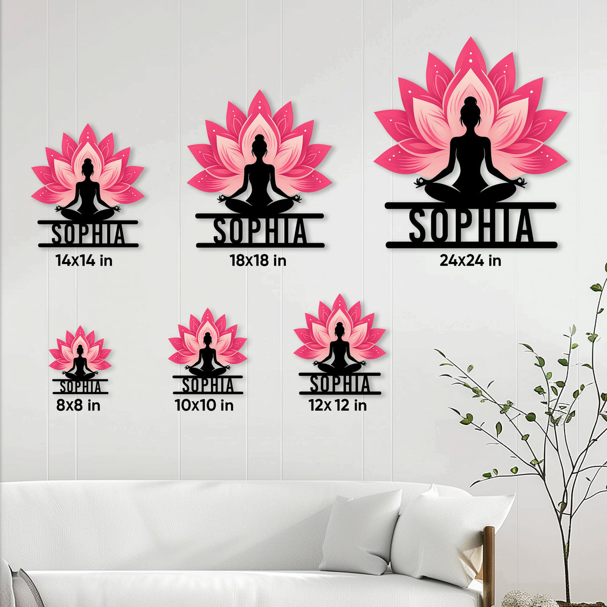 Yoga lotus metal sign size guide showing available square sizes from 8 by 8 to 24 by 24 inches
