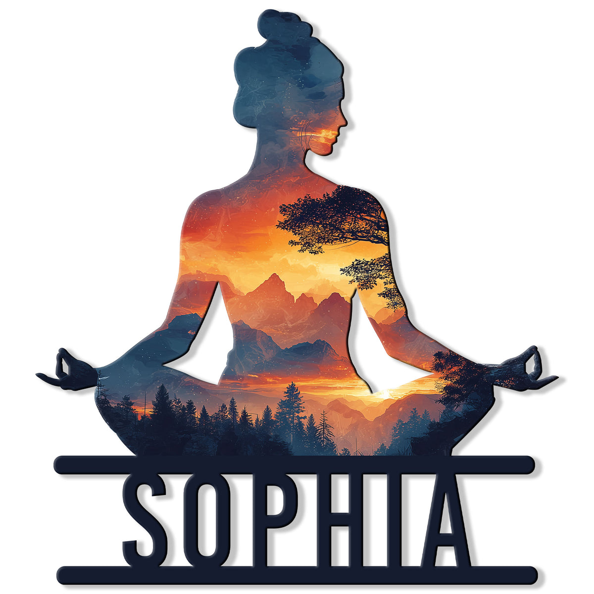 Yoga metal sign featuring a seated meditation silhouette filled with a colorful mountain sunset landscape