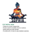 Yoga meditation metal sign shown with its mountain landscape artwork and product feature information
