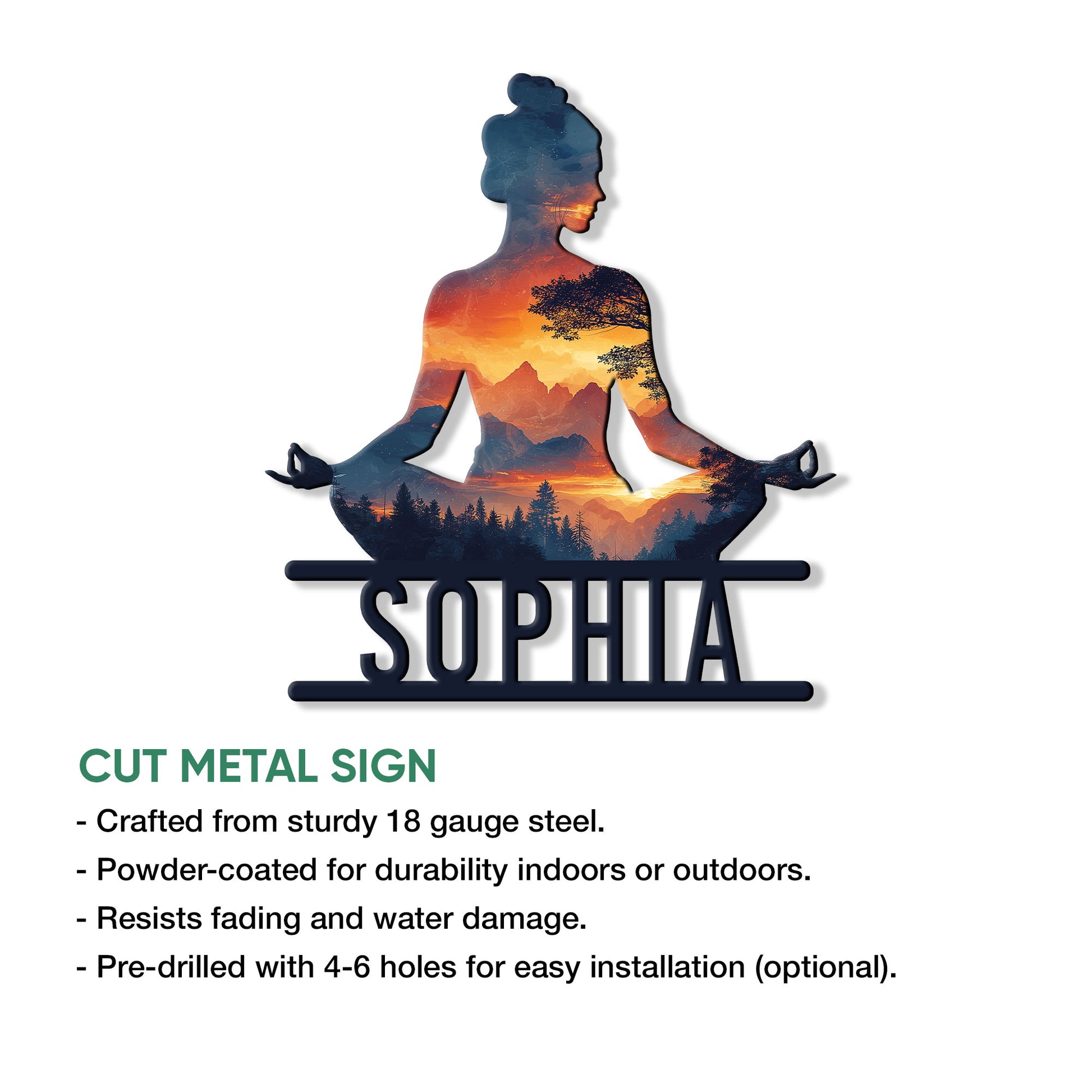 Yoga meditation metal sign shown with its mountain landscape artwork and product feature information