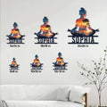 Yoga metal sign size guide showing multiple square size options displayed in a bright living room