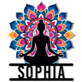 Colorful yoga metal sign featuring a seated meditation silhouette framed by a vibrant lotus mandala