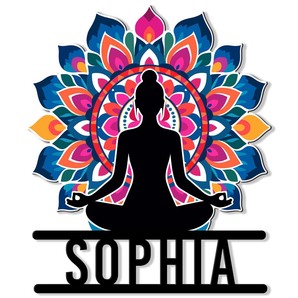 Colorful yoga metal sign featuring a seated meditation silhouette framed by a vibrant lotus mandala