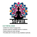 Yoga metal sign product guide showing a seated meditation design and cut metal sign presentation