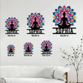 Yoga meditation metal sign size guide showing six available square sign sizes in a bright living room