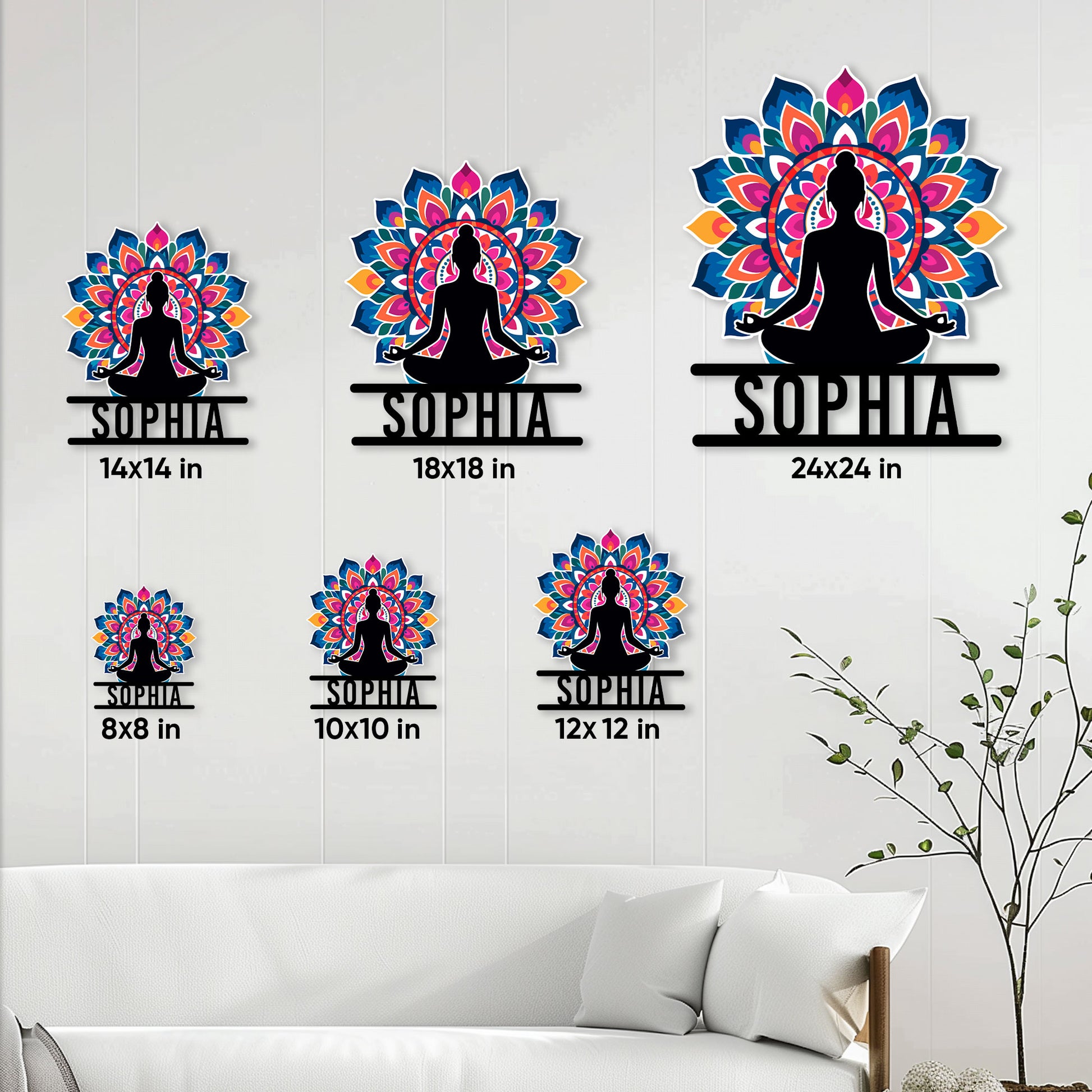 Yoga meditation metal sign size guide showing six available square sign sizes in a bright living room