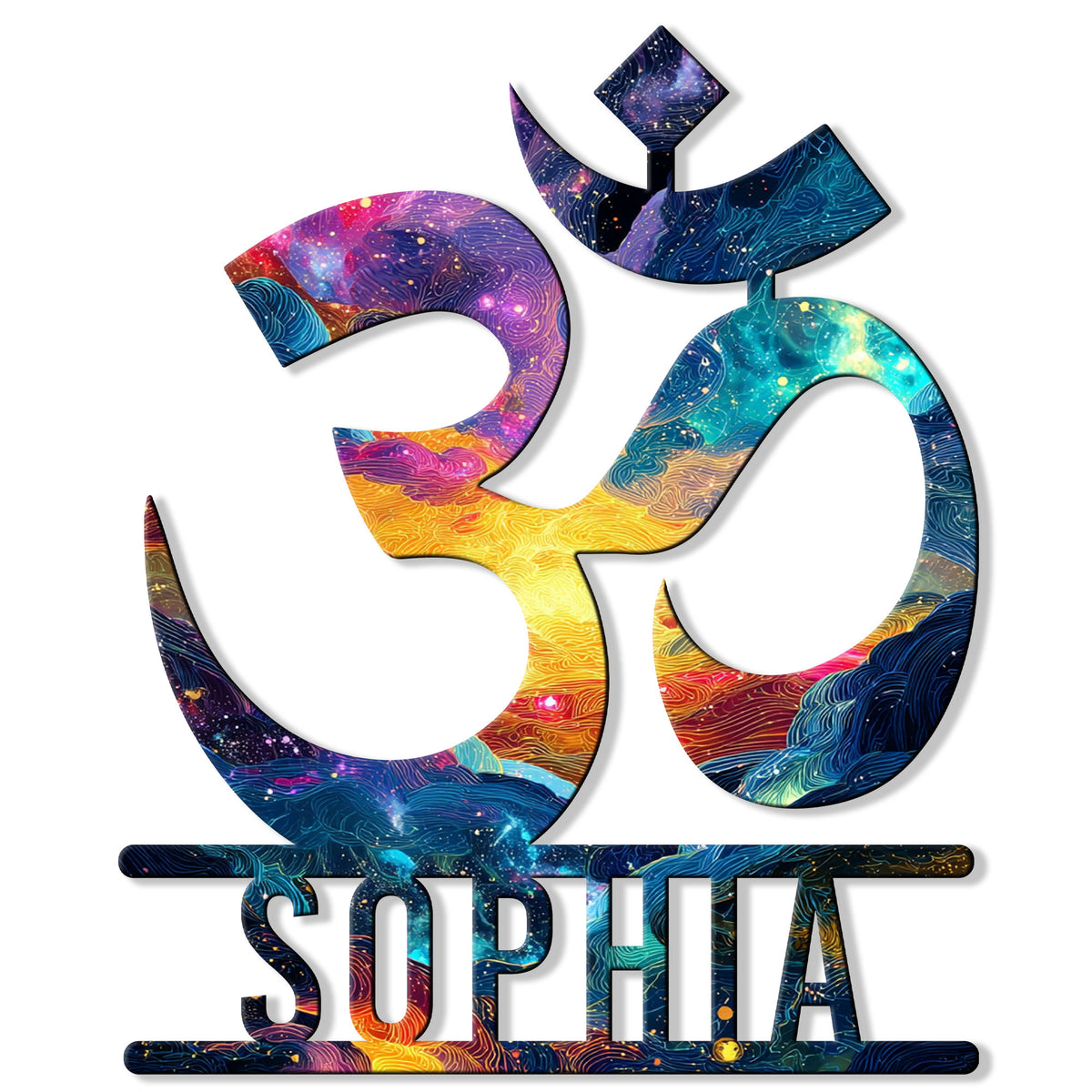 Colorful Om yoga metal sign with cosmic swirls and vibrant spiritual artwork