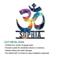 Om yoga metal sign feature graphic highlighting cut steel construction and hanging options