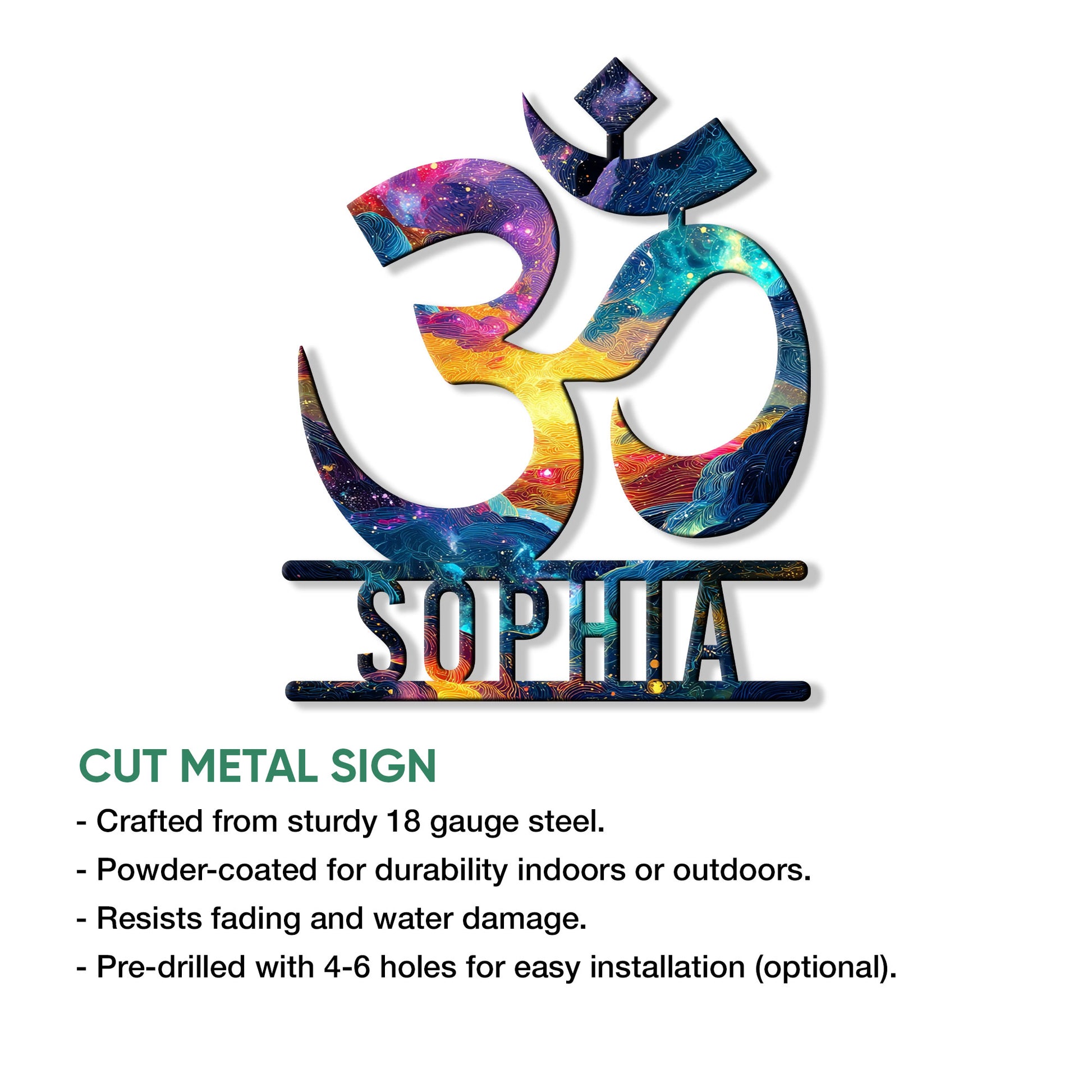 Om yoga metal sign feature graphic highlighting cut steel construction and hanging options