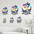 Om yoga metal sign size guide showing multiple square size options in a living room setting