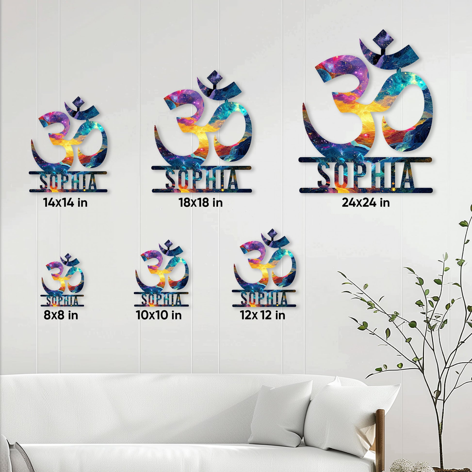 Om yoga metal sign size guide showing multiple square size options in a living room setting