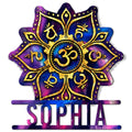 Yoga metal sign featuring a radiant lotus design, Om symbol, and deep purple galaxy artwork