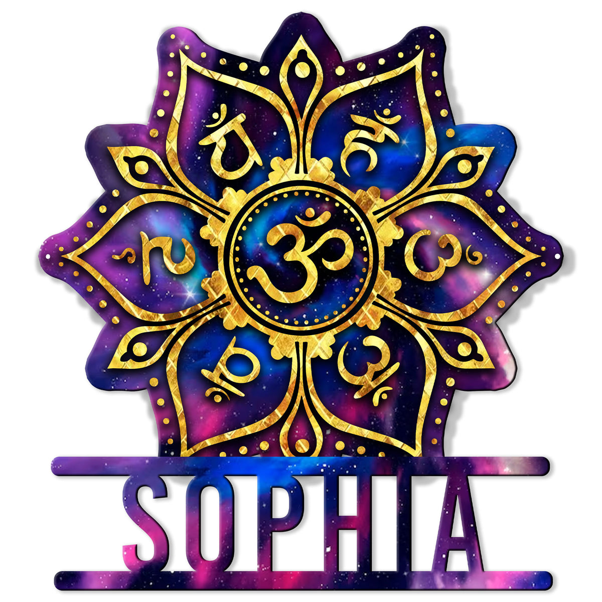 Yoga metal sign featuring a radiant lotus design, Om symbol, and deep purple galaxy artwork